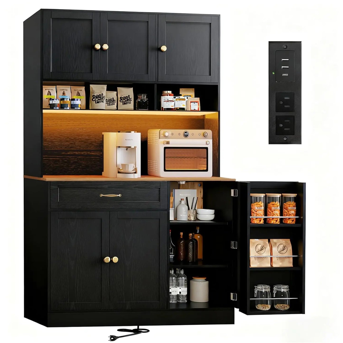 Guangbai Kitchen Pantry Cabinet With LED Light And Charging Station