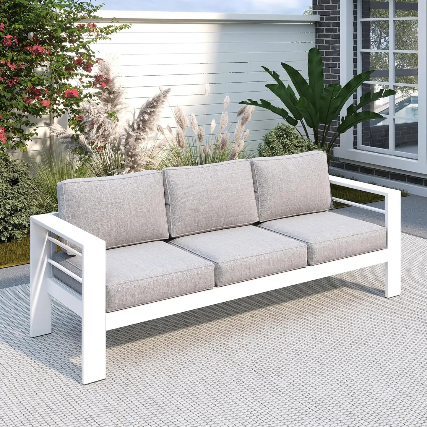 3 Seat Dark Aluminum Patio Sofa, All Weather Outdoor Couch with Cushions, Customized