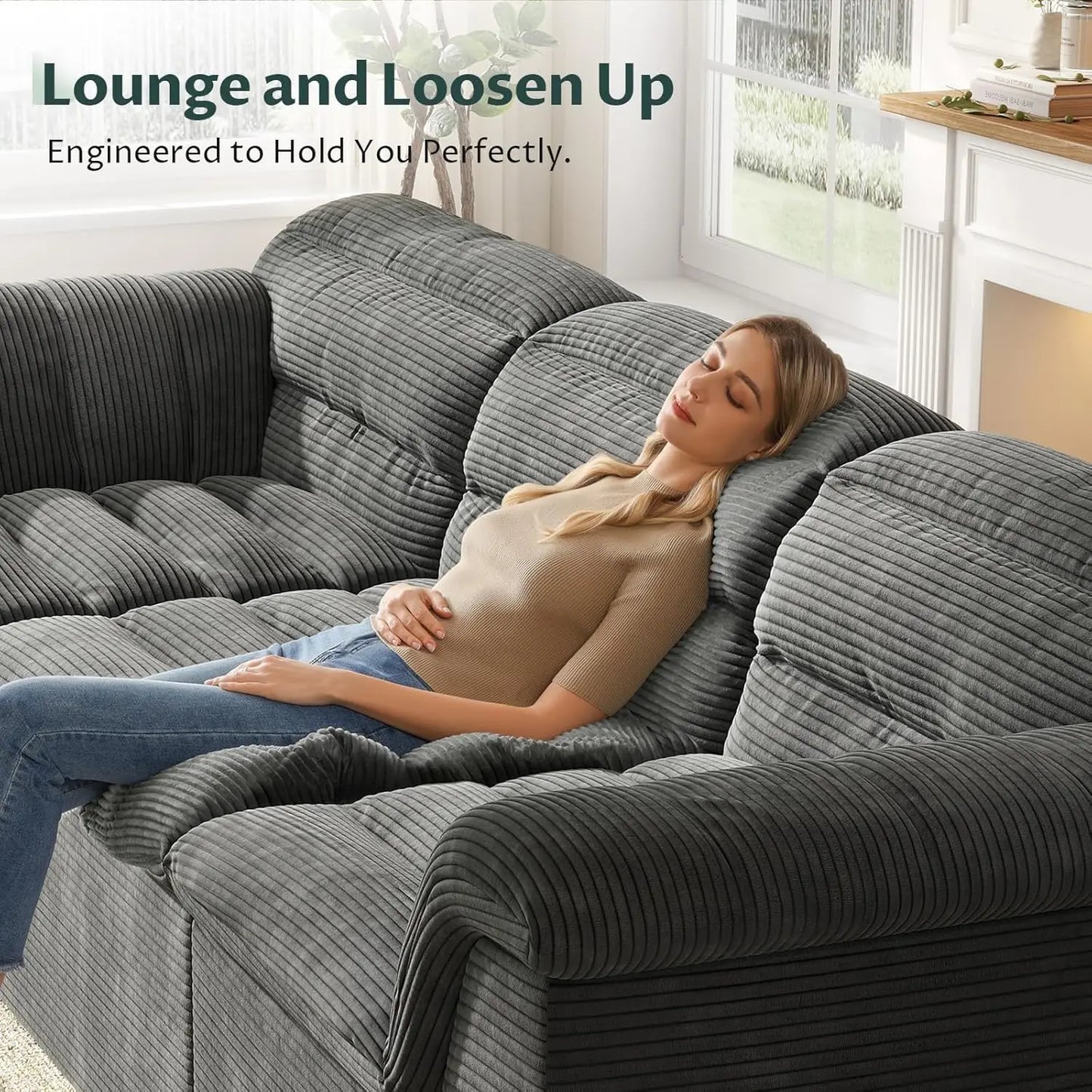142" Modular Cloud Sectional Couch with Ottoman Modern Upholstered Compressed Sofa Deep Seat, Comfy U-Shape Corduroy Couches