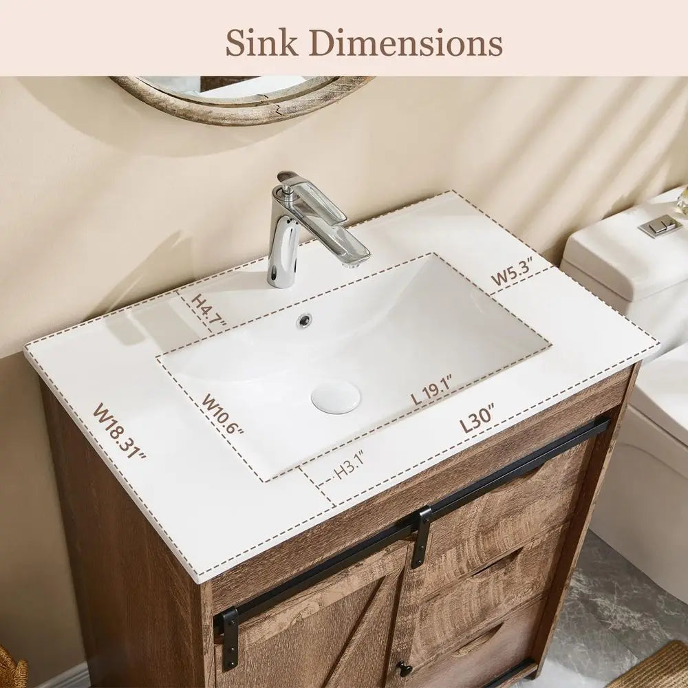 30" armhouse Bathroom Vanity with Ceic Sink Combo, reestanding ern Bathroom Storage Vanity Cabinet w/Sliding Barn Door, 3 Ders &