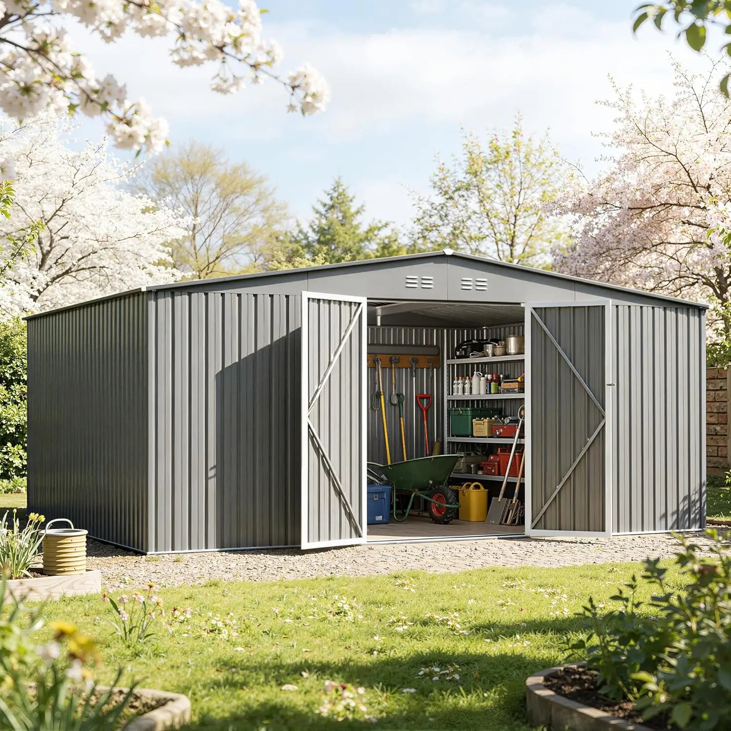 Grey Metal Waterproof Outdoor Storage Shed With Door And Lock