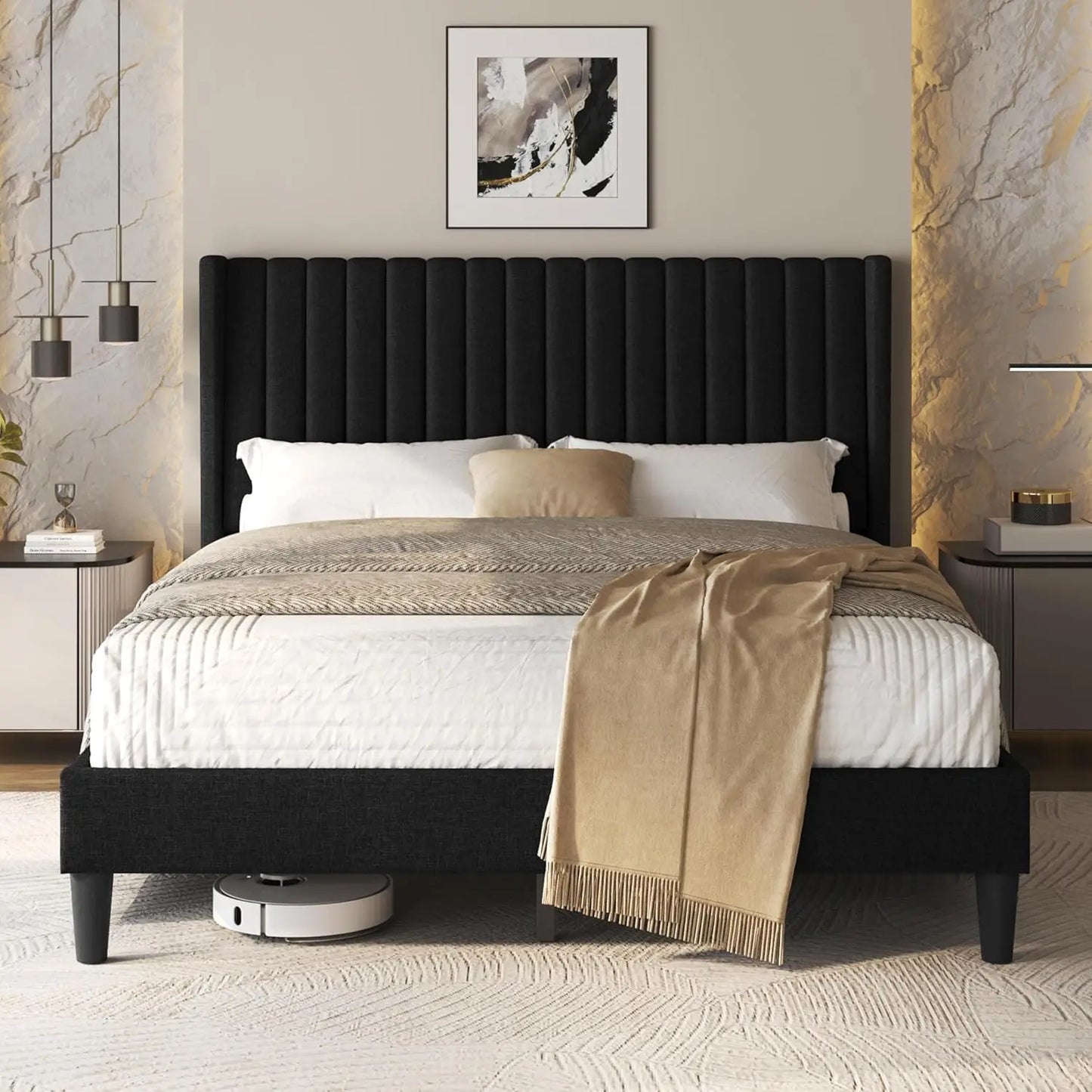Upholstered Platform Bed Frame With Fabric Headboard Wing Edge NonSlip