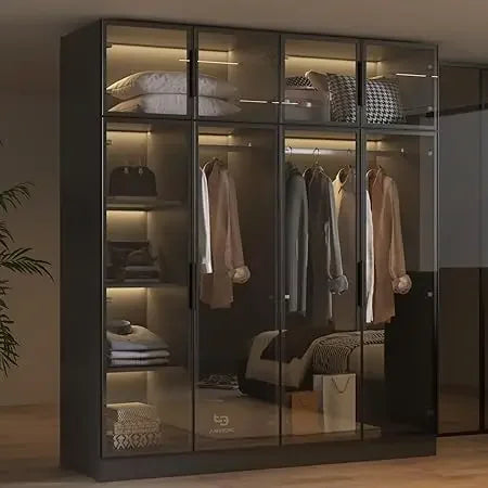 Wardrobe Cabinet With LED Light Strips Modern Armoire Glass Doors