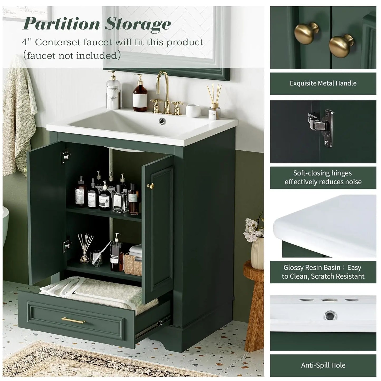 Wood Bathroom Vanity Cabinet With Ceramic Sink Adjustable Drawer Shelf